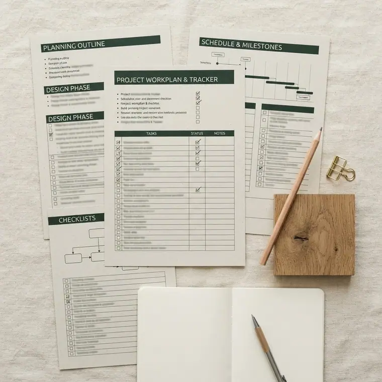 Documentos de planejamento e checklists impressos sobre mesa clara