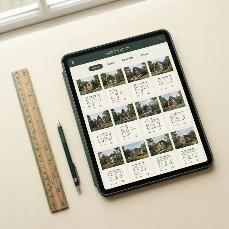 Tablet exibindo o catálogo de projetos de cabanas com plantas e renders